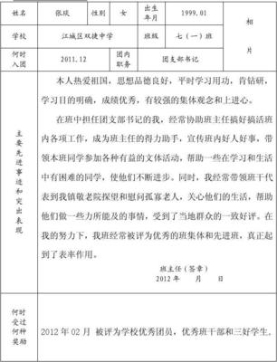 阳江市学校优秀共青团员评审登记表